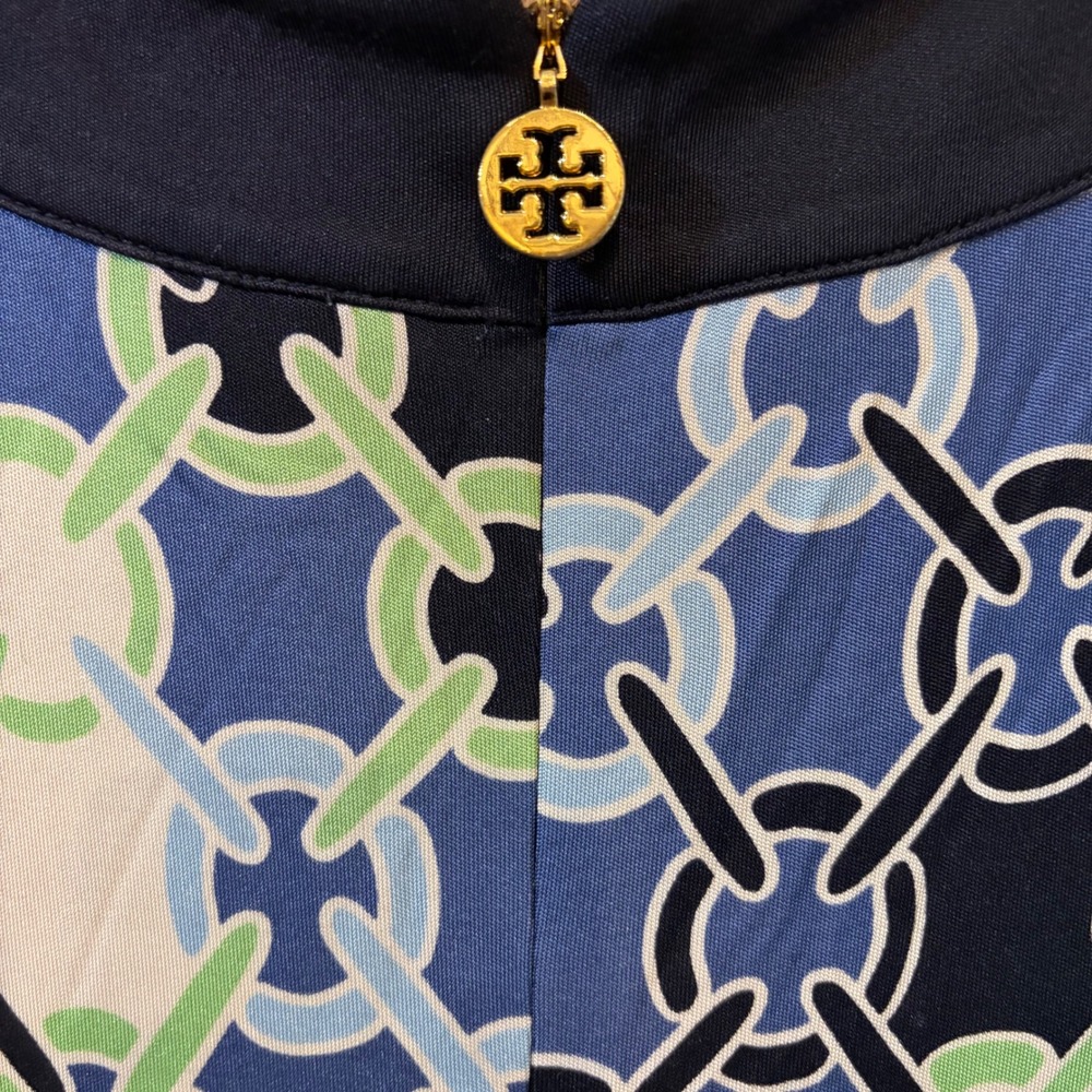 Tory Burch silk Blue Green Chain Link Print Sleeveless Shift Dress Gold Logo Zip - Picture 4 of 6